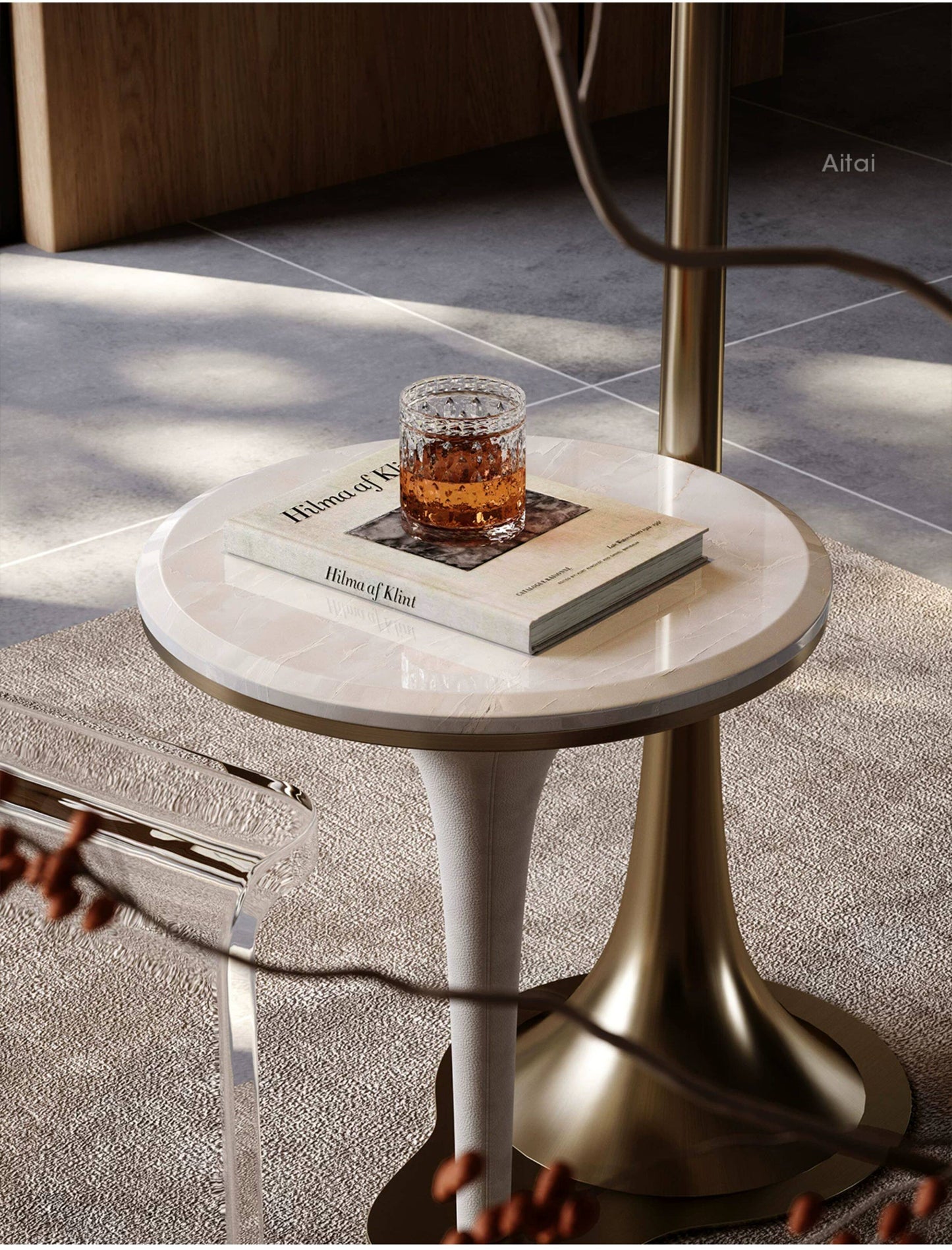Floor Lamp with Table Attached, Modern Luxury Side Table Floor Lamp with White Stone Top, Fabric Drum Shade and Antique Bronze Metal Frame for Living Room, Bedroom, Sofa Corner