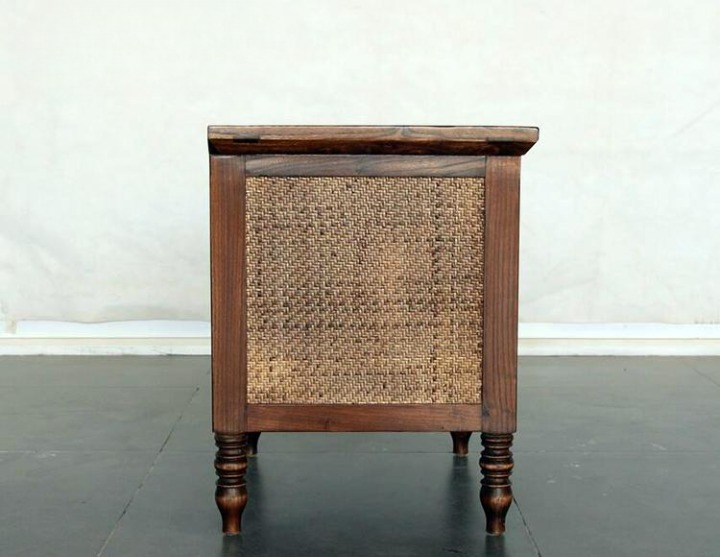 Solid Elm Wood Nightstand with 2 Rattan Drawer Fronts, Rustic Bedside Table with Turned Legs and Distressed Brown Finish for Bedroom, Guest Room or Living Room