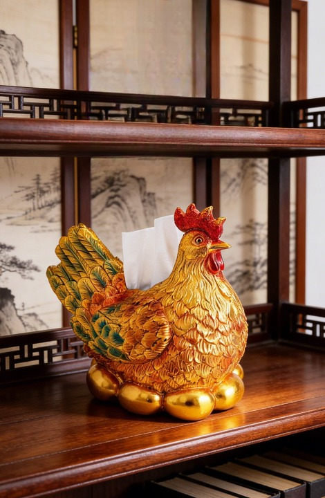 Gold Hen Tissue Box Holder, Decorative Chicken Tissue Dispenser, Gold-Tone Hen Figurine Napkin Holder with Egg Base, Farmhouse Table Decor for Living Room, Kitchen, Office, Entryway