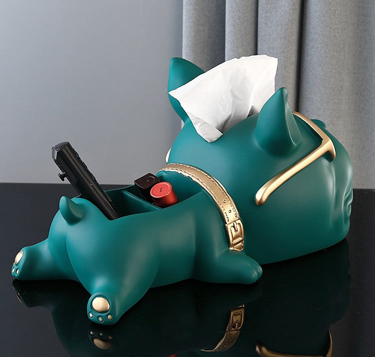Teal Green Resin French Bulldog Tissue Box Holder with Sunglasses, Decorative Dog-Shaped Facial Tissue Dispenser and Divided Remote Control Organizer for Living Room, Office and Bedroom