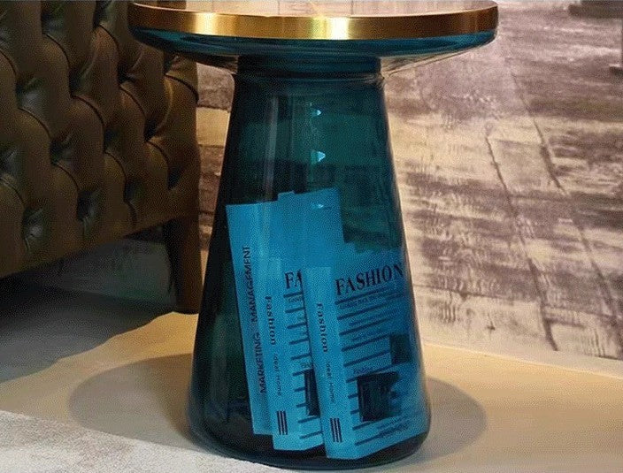 Modern Blue Glass Side Table, Round Pedestal Accent Table with Champagne Gold Rim, Luxury Small Sofa End Table for Living Room, Bedroom, Balcony and Lounge Decor