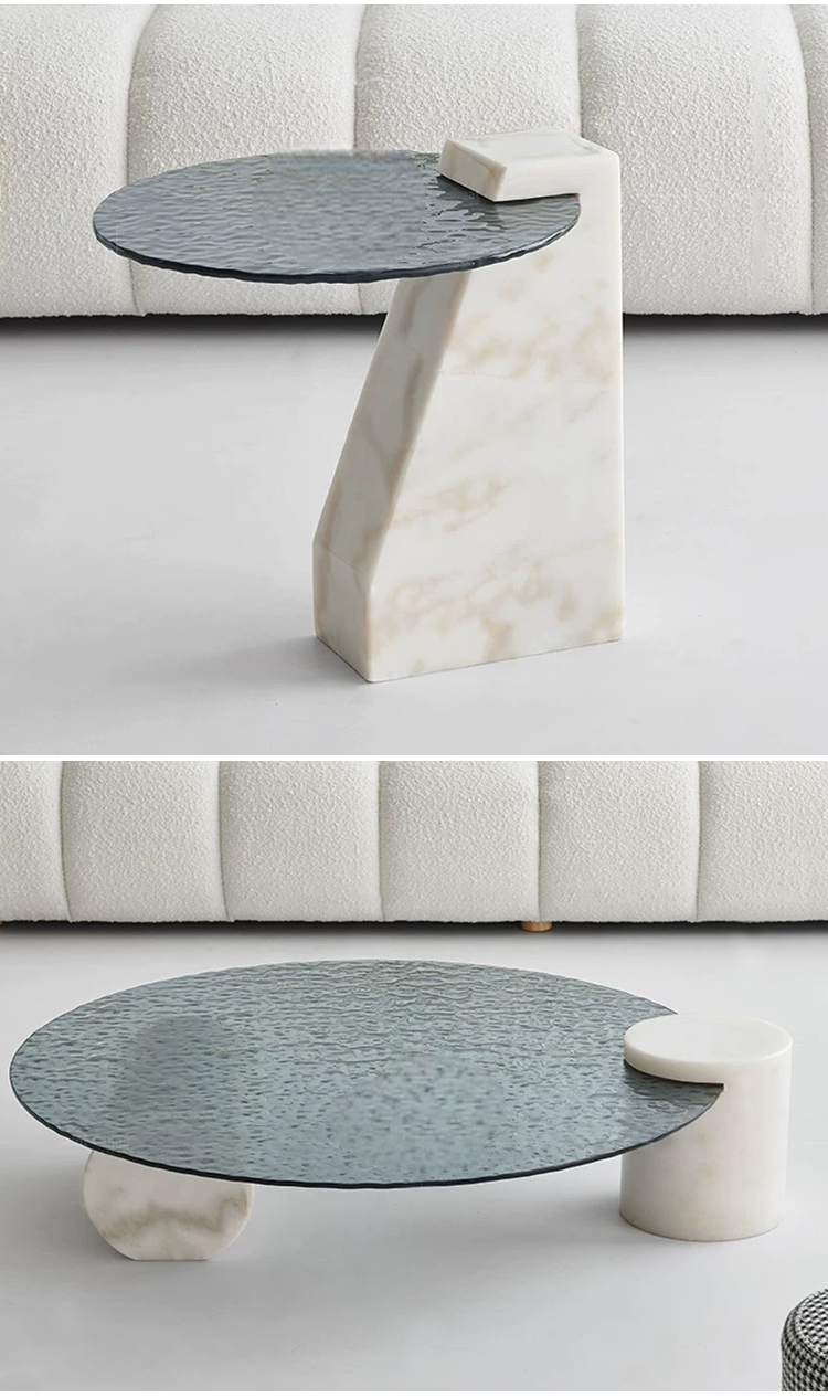 Modern Tempered Glass Coffee Table Set, Marble Base Round Center Table for Living Room & Household Decor