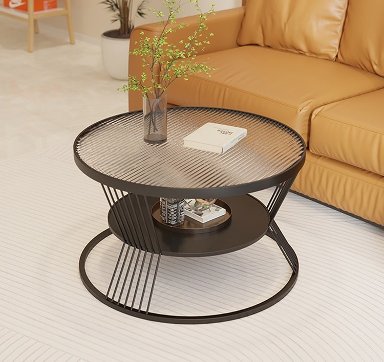 Modern Tempered Glass Round Coffee Table, Carbon Steel Small Living Room Center Table with Storage Shelf