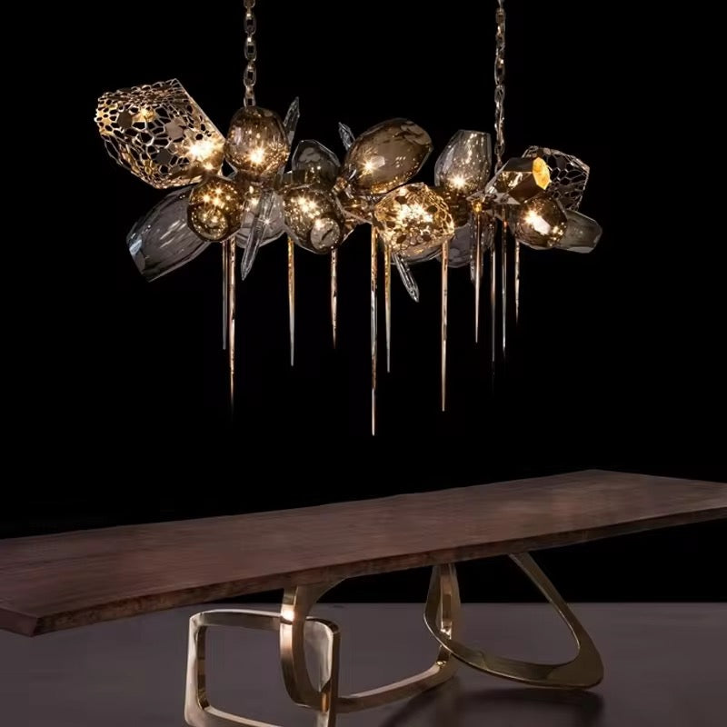 A Luxury Crystal Chandelier – Gold & Smoke Glass Pendant Light with Sculptural Design – Designer Hanging Light for Living Room, Kitchen Island & Entryway