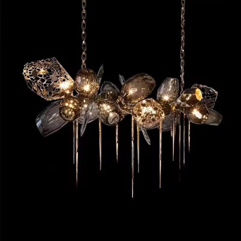 A Luxury Crystal Chandelier – Gold & Smoke Glass Pendant Light with Sculptural Design – Designer Hanging Light for Living Room, Kitchen Island & Entryway
