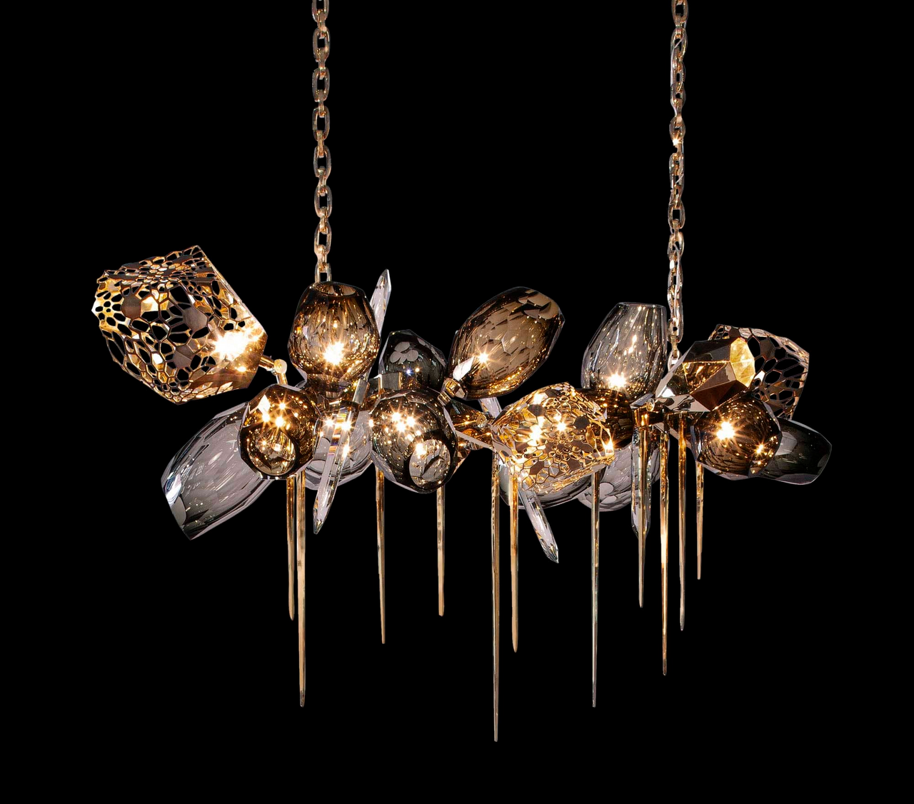 A Luxury Crystal Chandelier – Gold & Smoke Glass Pendant Light with Sculptural Design – Designer Hanging Light for Living Room, Kitchen Island & Entryway