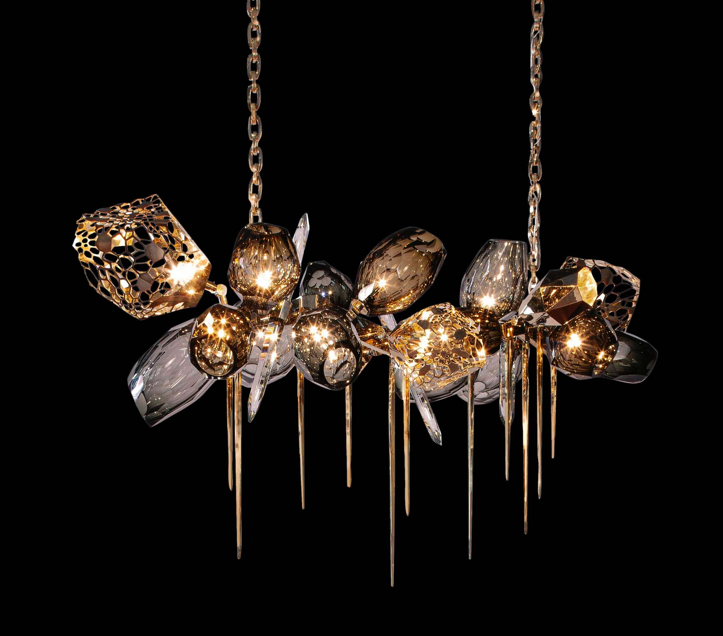 A Luxury Crystal Chandelier – Gold & Smoke Glass Pendant Light with Sculptural Design – Designer Hanging Light for Living Room, Kitchen Island & Entryway