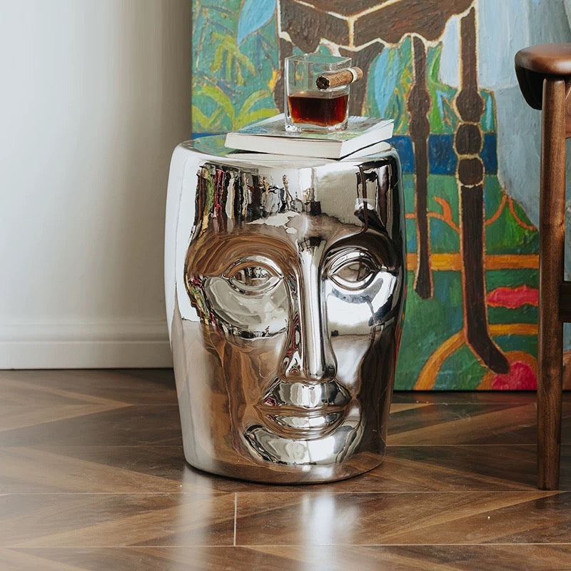 Modern 3D Face Mirror side Table, Modern nightstand, High quality Electroplated Finnish (NO ALUMINIUM, NO DULLING IN LONG TERM) multipurpose 3D Face Design Accent Table Mirror finish electroplated small coffee table