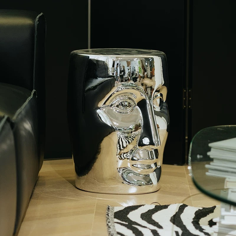 Modern 3D Face Mirror side Table, Modern nightstand, High quality Electroplated Finnish (NO ALUMINIUM, NO DULLING IN LONG TERM) multipurpose 3D Face Design Accent Table Mirror finish electroplated small coffee table