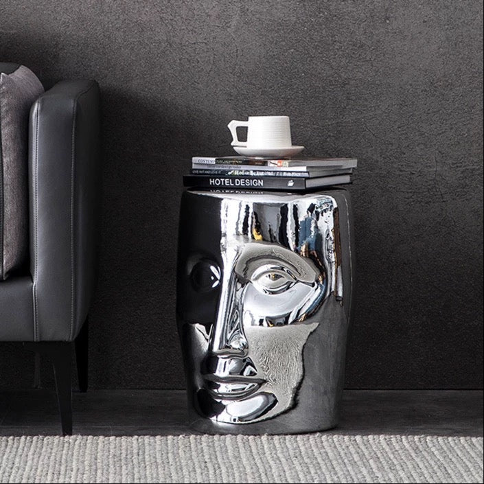 Modern 3D Face Mirror side Table, Modern nightstand, High quality Electroplated Finnish (NO ALUMINIUM, NO DULLING IN LONG TERM) multipurpose 3D Face Design Accent Table Mirror finish electroplated small coffee table