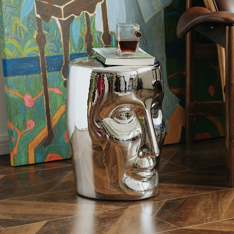 Modern 3D Face Mirror side Table, Modern nightstand, High quality Electroplated Finnish (NO ALUMINIUM, NO DULLING IN LONG TERM) multipurpose 3D Face Design Accent Table Mirror finish electroplated small coffee table
