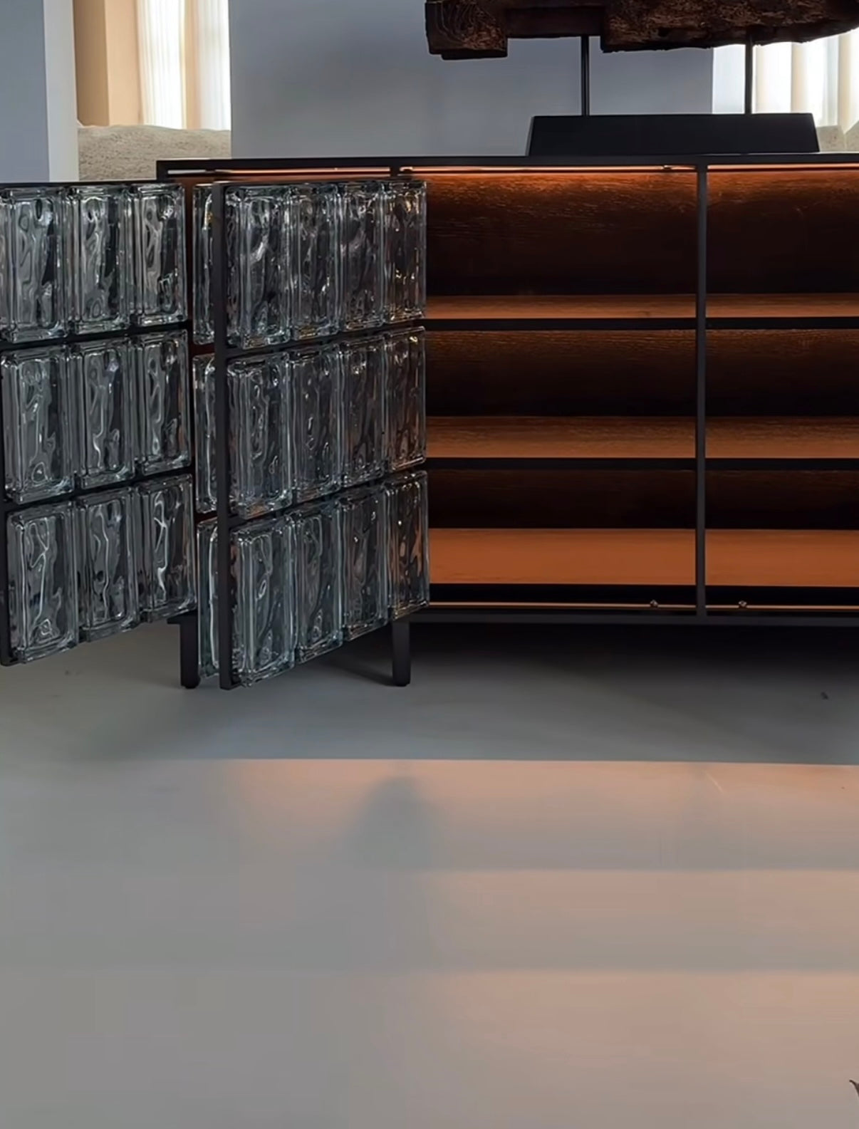 Luxury Glass Block Sideboard Cabinet with Modern LED Lighting – Elegant Storage Console with Glass Doors & Wooden Shelves – Contemporary Accent Furniture for Living Room, Dining Room, or Office