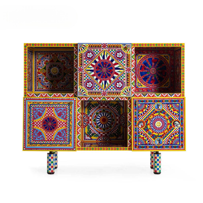 Luxury Hand Painted Sideboard Cabinet Colorful Retro Storage Cabinet Artistic Buffet Console Cabinet Modern Eclectic Accent Cabinet for Living Room Dining Room Hallway