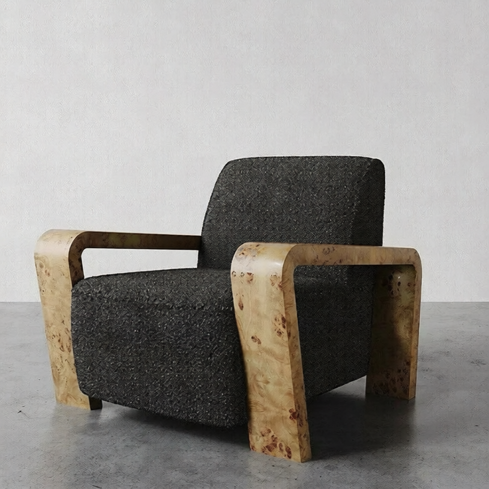 Modern Black Linen Accent Chair, Upholstered Lounge Armchair with Curved Solid Wood Arms, Nordic Luxury Single Sofa Chair for Living Room, Bedroom, Hotel Lobby, Reading Corner