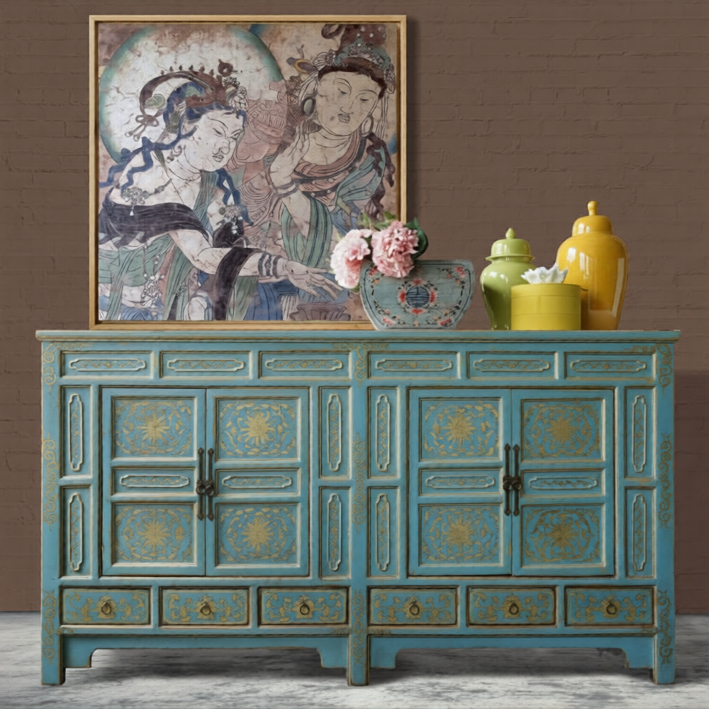 Turquoise 4-Door Solid Wood Sideboard with Hand-Painted Gold Floral Design