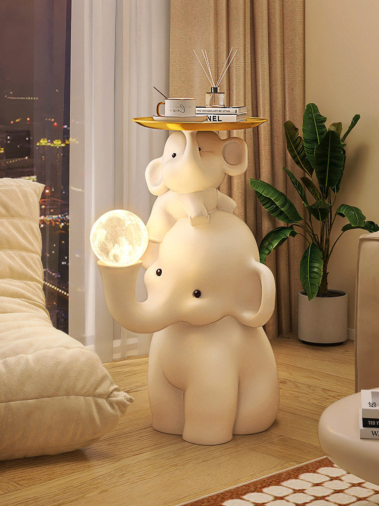 Cream White Resin Parent and Baby Elephant Side Table with Gold Alloy Tray and 3-Color Dimmable Moon Globe Night Light for Living Room, Bedroom, Nursery and Sofa Side