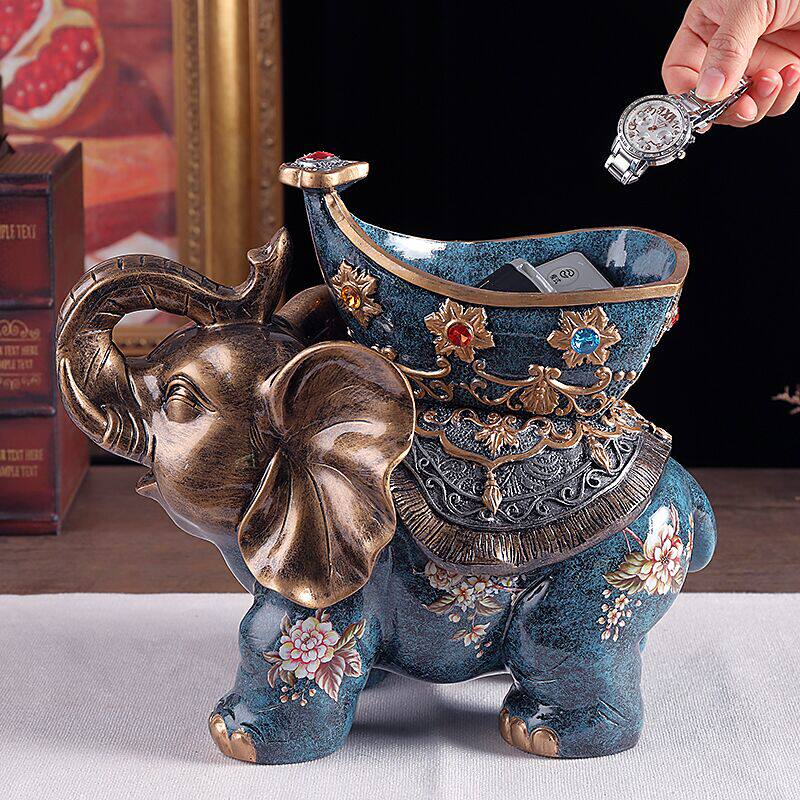Blue Resin Elephant Key Holder Bowl with Floral Saddle for Entryway