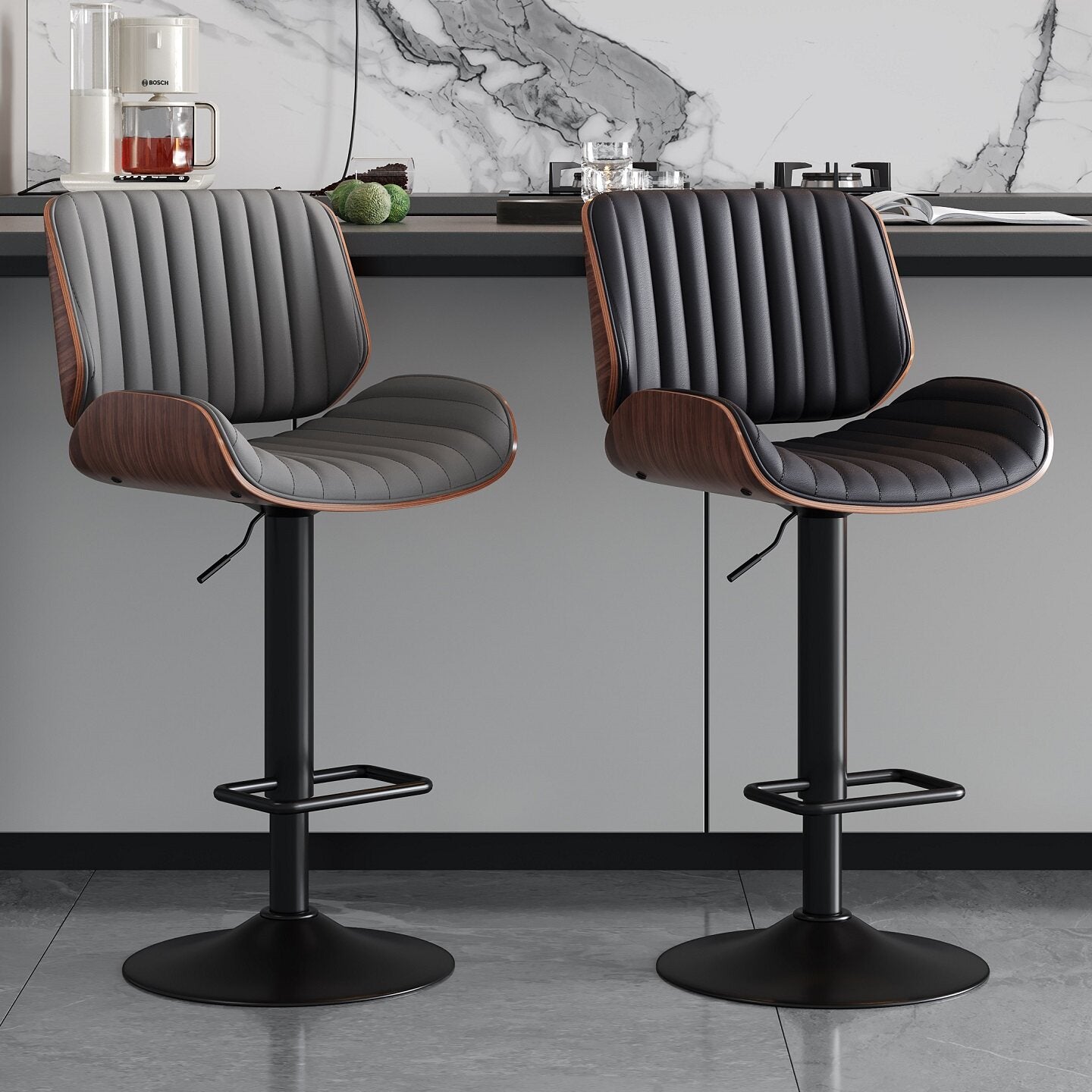 Black Adjustable Swivel Bar Stool, Walnut Wood and PU Leather