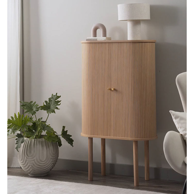 Natural Wood Highboard Cabinet with Fluted Tambour Doors