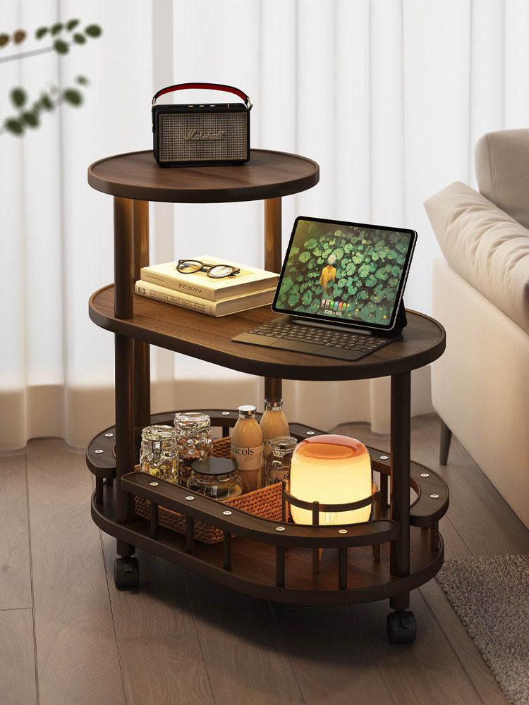 Walnut Brown 3-Tier Sofa Side Table with Shelves, Solid Wood