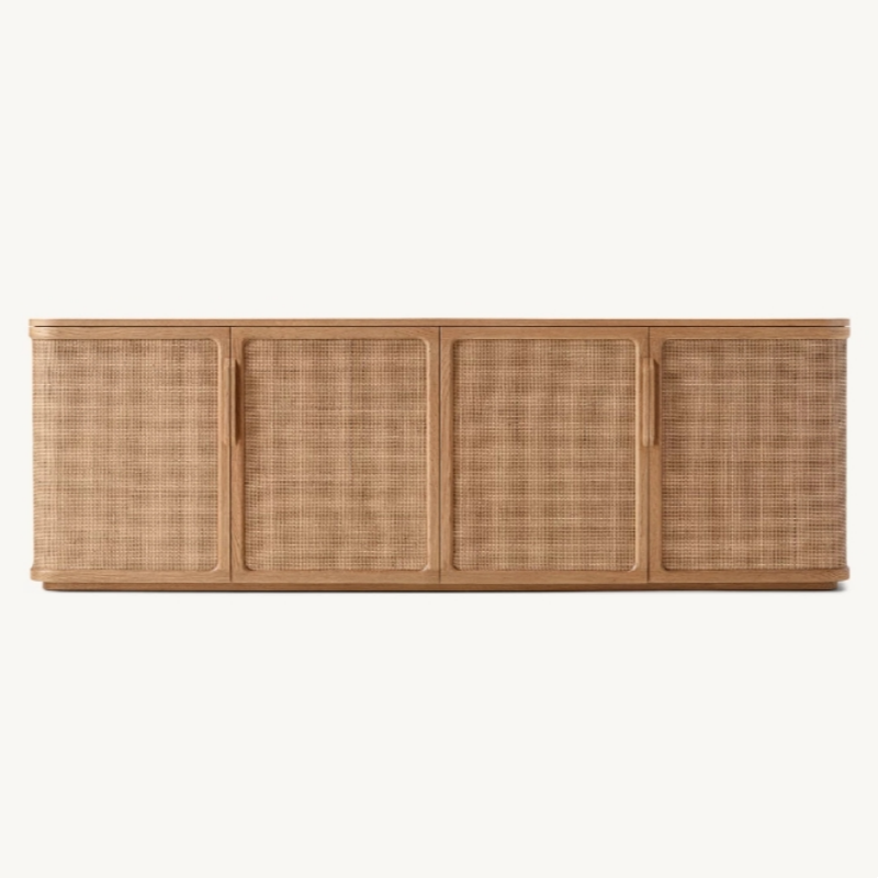 Rattan Door TV Stand, Wood Media Console Cabinet with Cane Woven Doors for Living Room, Sideboard Buffet, Hotel, Villa, Natural Finish