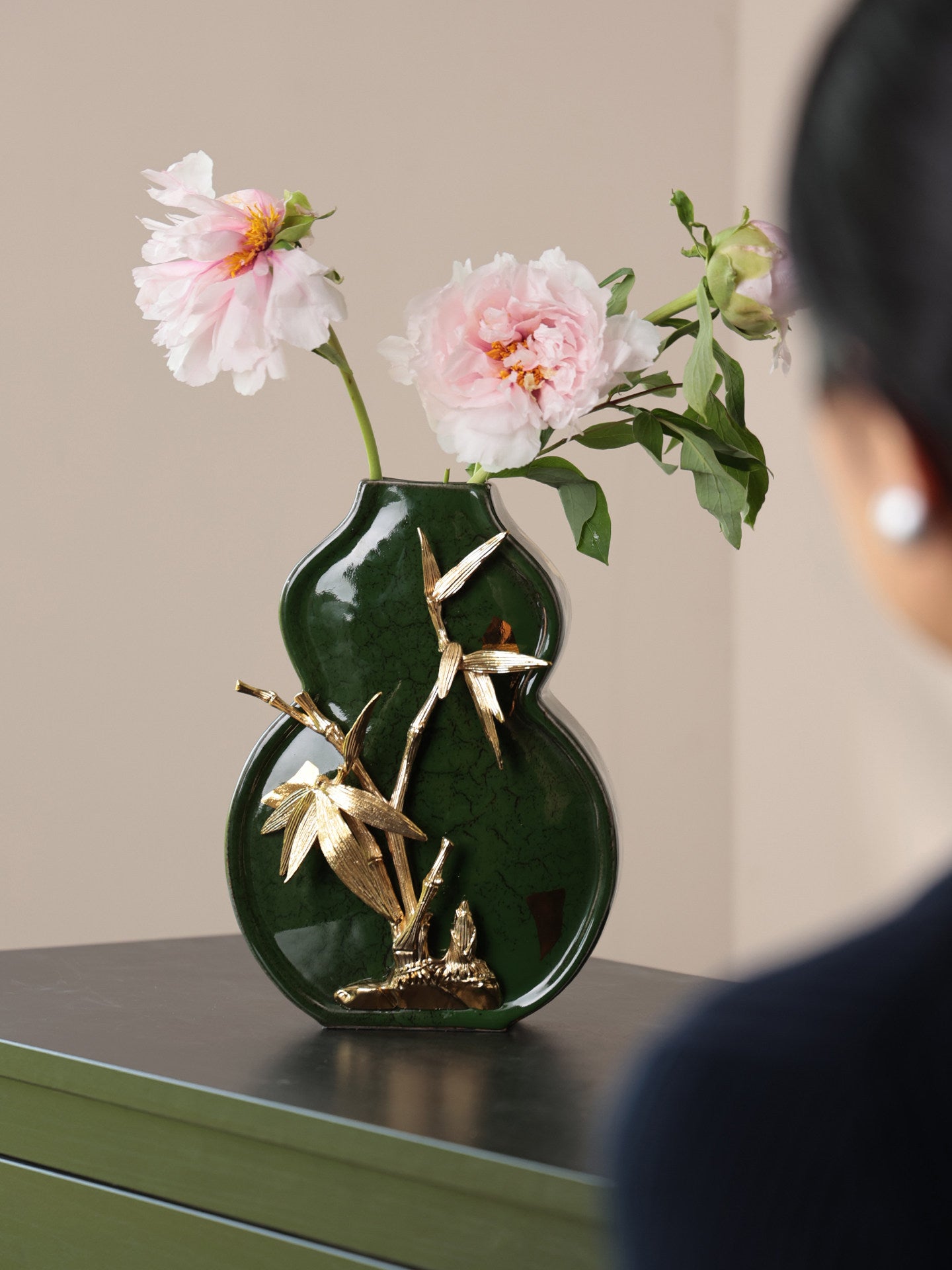 Green Ceramic Gourd Vase with Gold Bamboo Accent, Decorative Table Vase