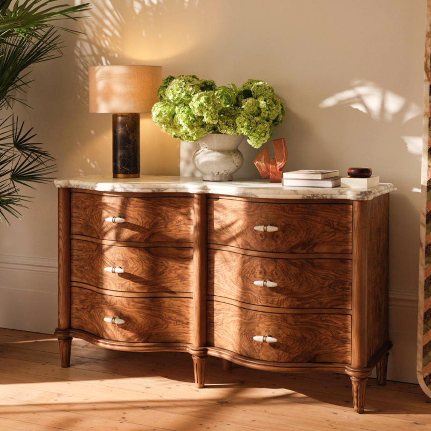 Burl Wood 6 Drawer Dresser with Marble Top, Curved Front Solid Wood Sideboard Chest, Wabi Sabi Inspired Storage Cabinet for Bedroom, Living Room, Entryway, Dining Room, and Hallway