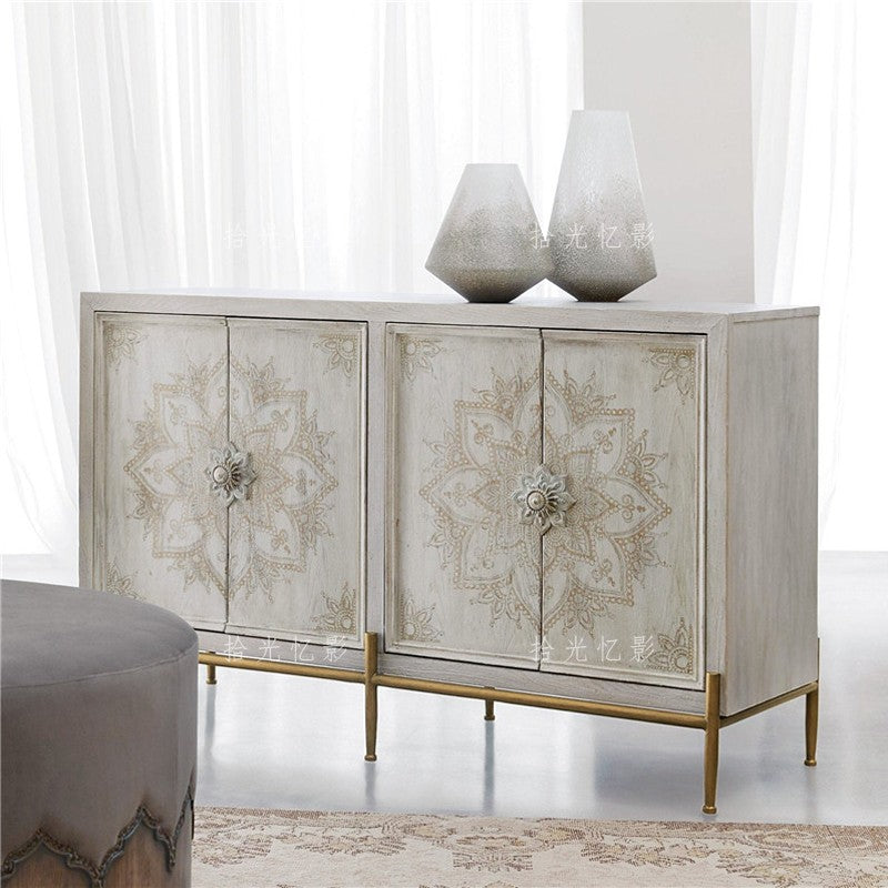 Whitewashed 4-Door Floral Sideboard Buffet with Metal Base