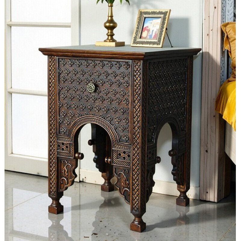 Hand-Carved Solid Wood Side Table, Square Tall Accent Table with Ornate Arched Panels and Dark Brown Finish for Living Room, Bedroom, Entryway or Lounge