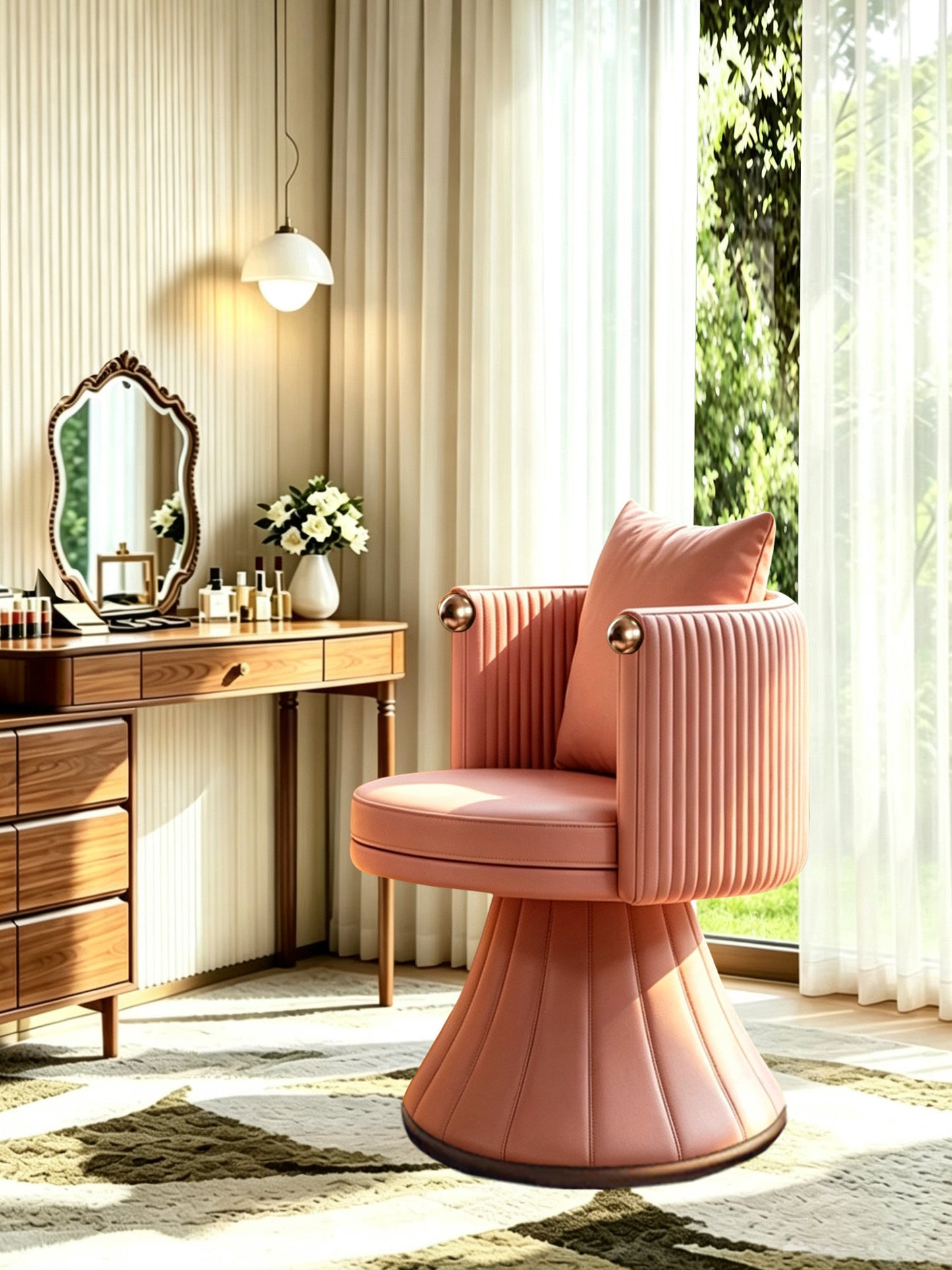 Pink Swivel Vanity Chair with Arms, Channel-Tufted Seat and Pillow