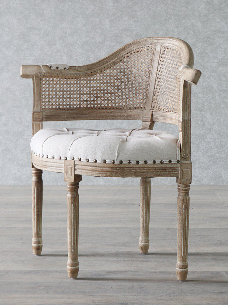 French Country Cane Armchair with Beige Tufted Linen Seat