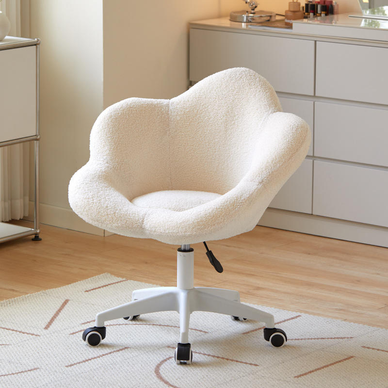 Ivory Boucle Flower Vanity Chair with Wheels, Adjustable Height