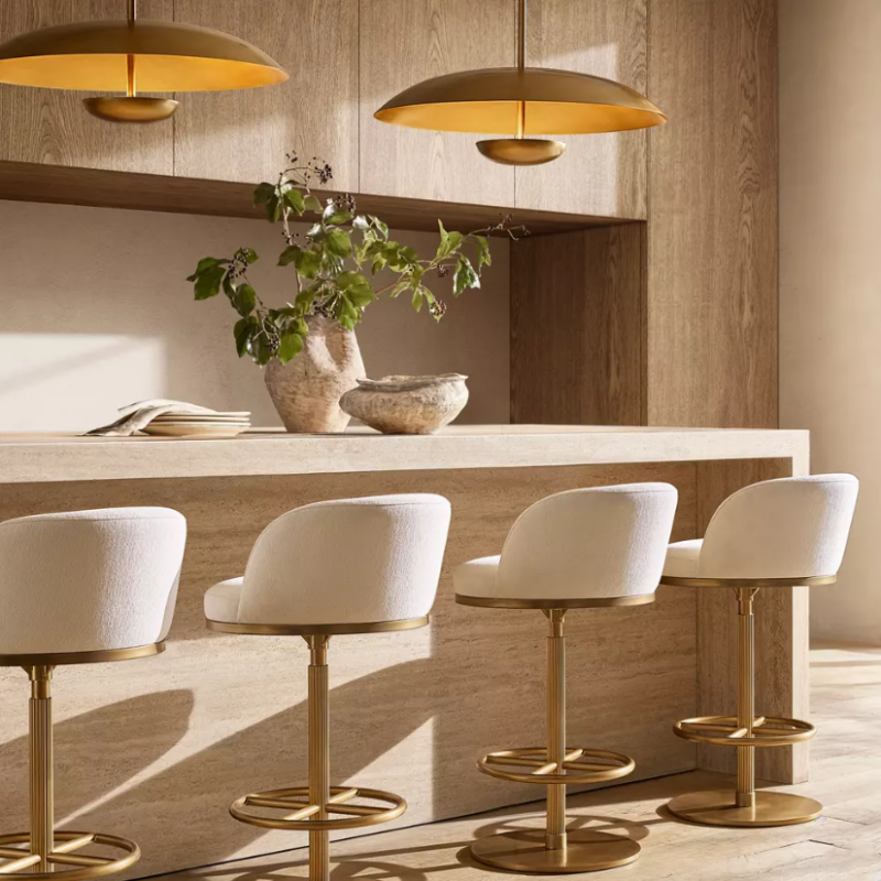 Cream Upholstered Swivel Bar Stool, Gold Metal Counter Chair with Low Back and Footrest for Kitchen Island, Home Bar, Hotel, Villa, Pub Seating