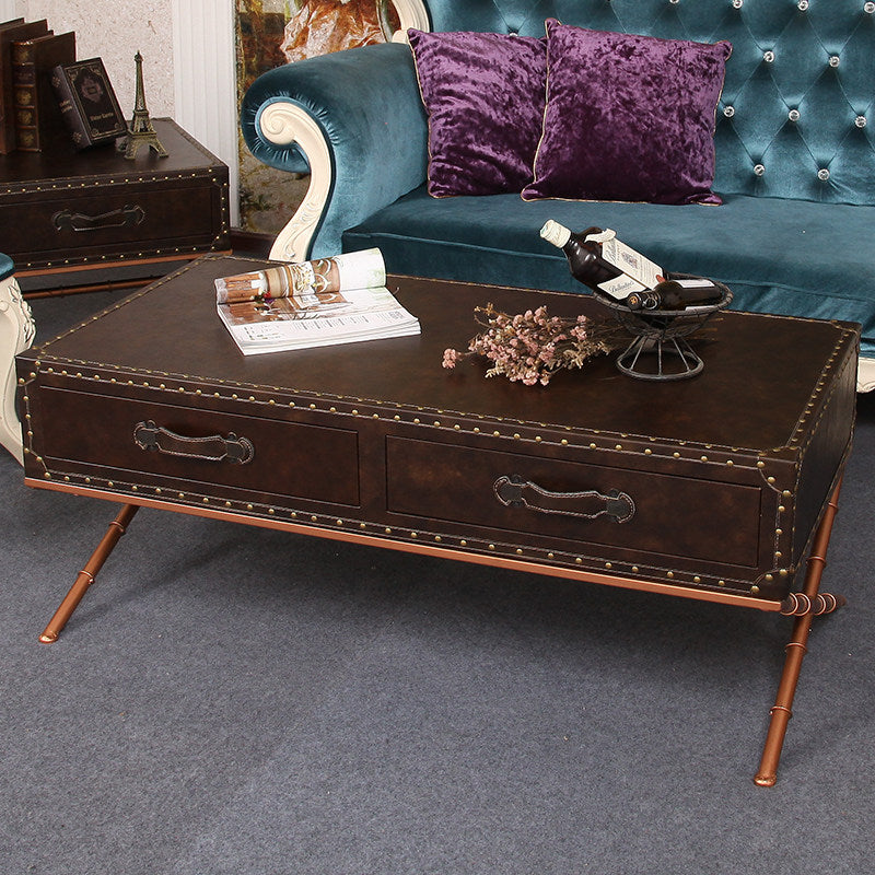 Vintage American Flag Coffee Table with Storage Drawers, Rustic Industrial Rectangular Wood Cocktail Table, Loft Style Living Room Center Table with Nailhead Trim and Metal Legs