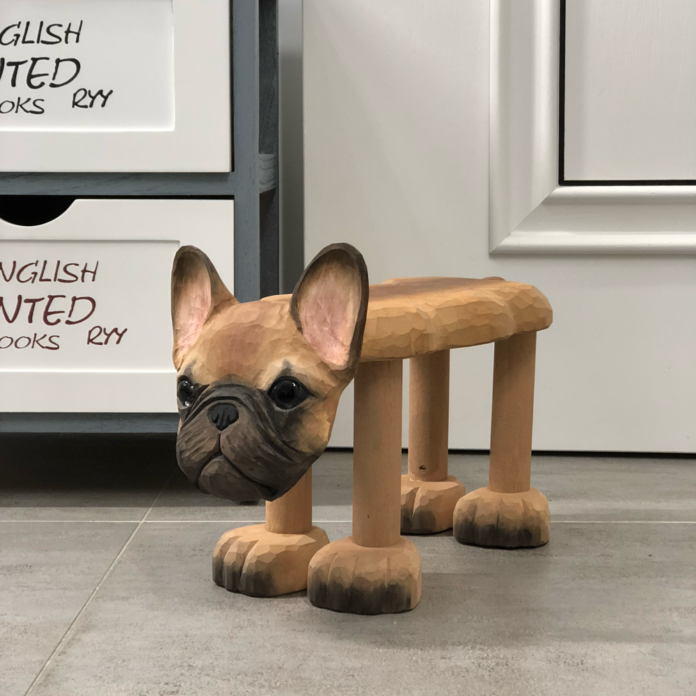 Natural Solid Wood French Bulldog Kids Stool, Carved Animal Seat