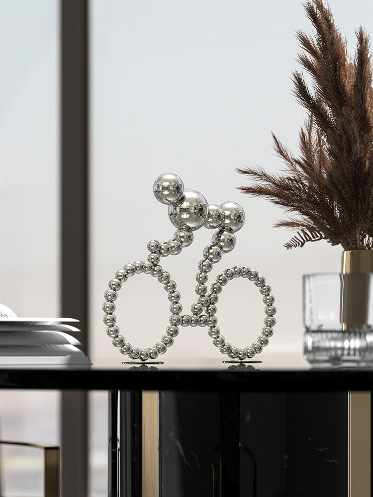 Metal Cyclist Sculpture, Modern Bicycle Rider Desk Decor, Silver
