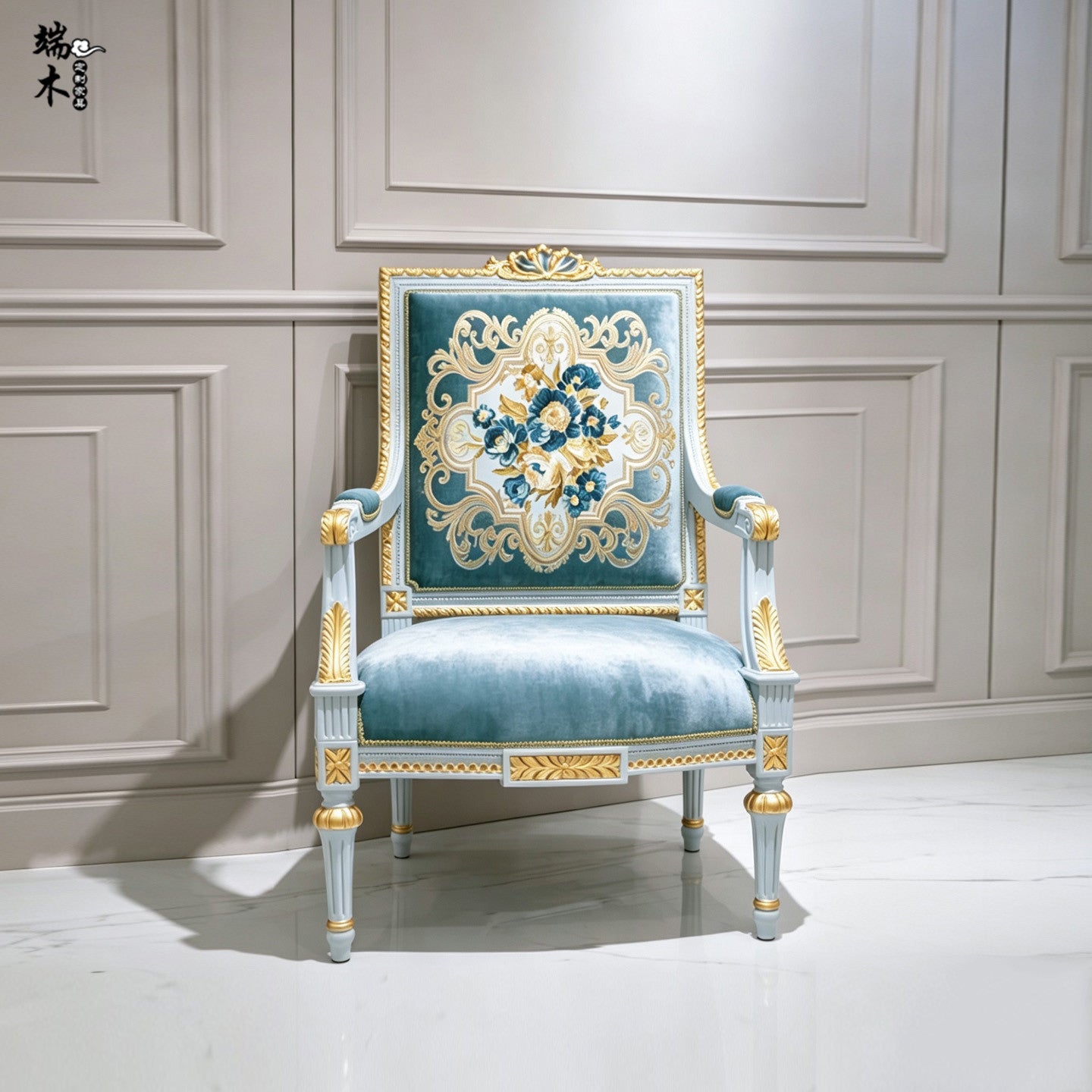 Blue Embroidered Accent Chair, French Style Carved Solid Wood Armchair with Gold Trim, Luxury Upholstered Dining Chair for Living Room, Bedroom, Office, Lounge, Reception