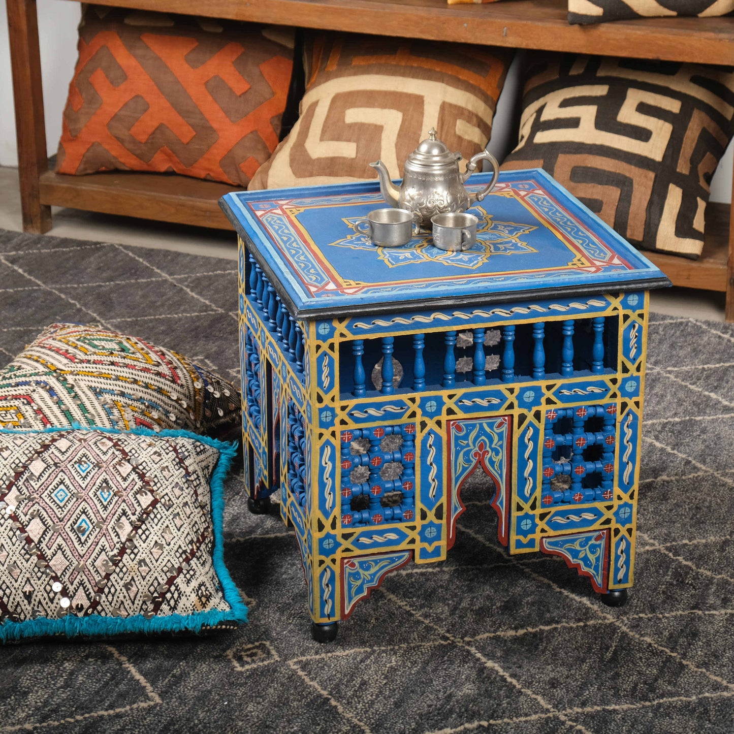 Moroccan Style Hand Painted Coffee Table, Square Boho Low Tea Table, Blue Wood Side Table with North African Pattern for Living Room, Floor Seating, Patio or Bedroom Decor