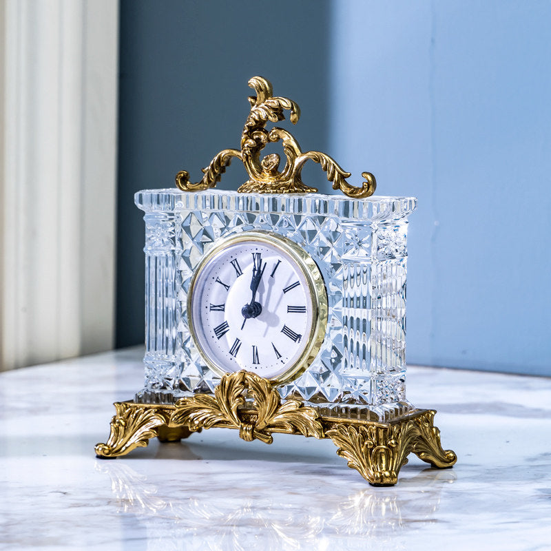 Crystal Glass Mantel Clock with Gold Accents and Roman Numerals