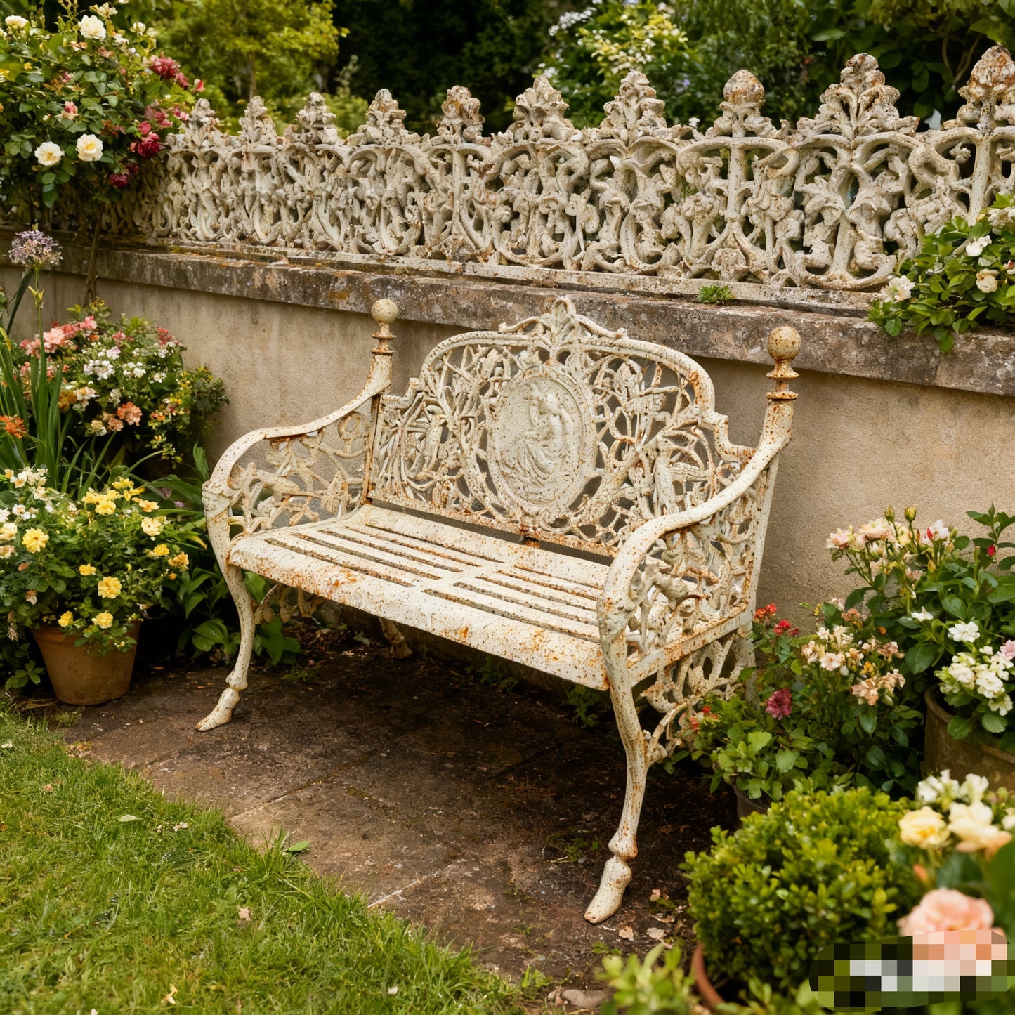 Distressed Ivory Cast Iron Garden Bench, Ornate 2-Person Outdoor Loveseat with Floral Scrollwork and Classical Figure Medallion for Patio, Balcony, Porch and Courtyard