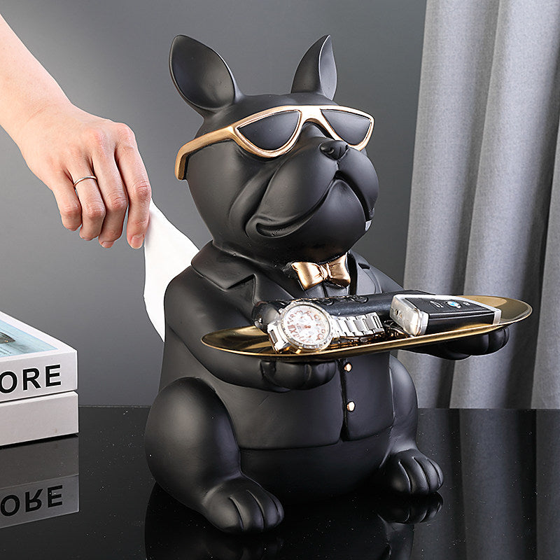 Matte Black Resin French Bulldog Tissue Box Holder with 9 Inch Gold Oval Catchall Tray, Sunglasses Dog Statue Organizer for Entryway, Living Room, Bedroom, Office and Shoe Cabinet