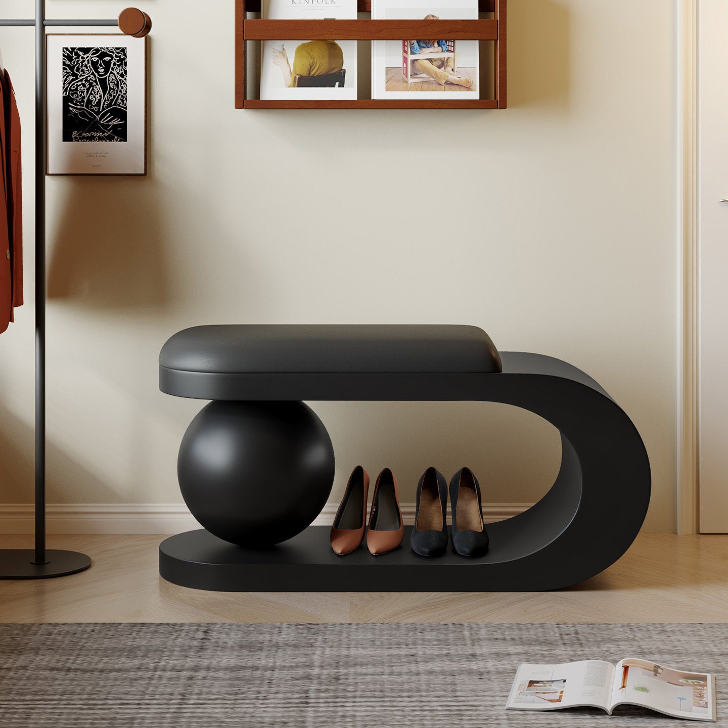 Black PU Leather Upholstered Shoe Storage Bench, Modern Sculptural Entryway Seat with Open Lower Shelf and Sphere Accent for Foyer, Bedroom, Closet and Bed End