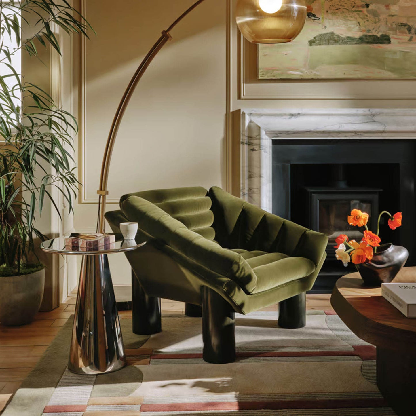 Olive Green Velvet Accent Chair with Channel Tufting and Wood Legs