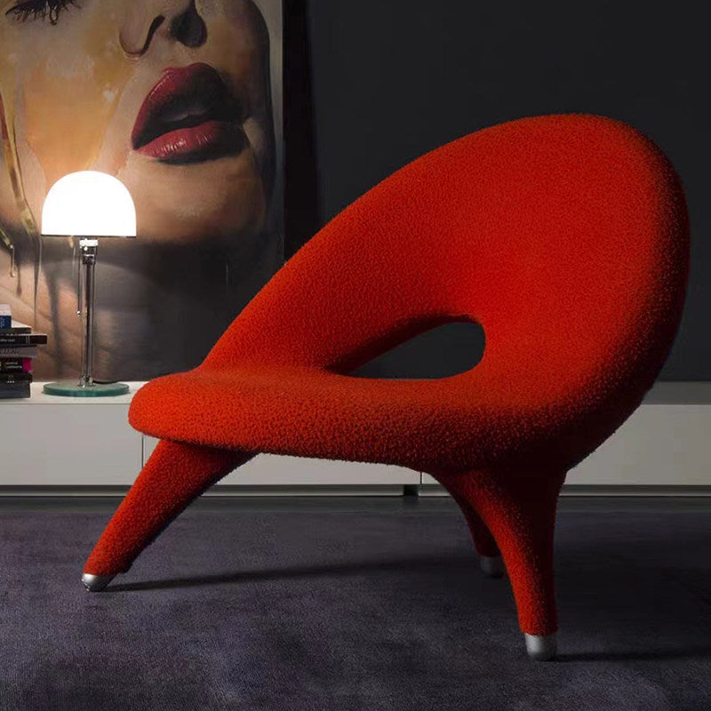 Red Sculptural Accent Chair, Modern Upholstered Lounge Chair with Three Leg Design, Fiberglass Leisure Chair for Living Room, Bedroom, Reading Corner, Office and Contemporary Home Decor