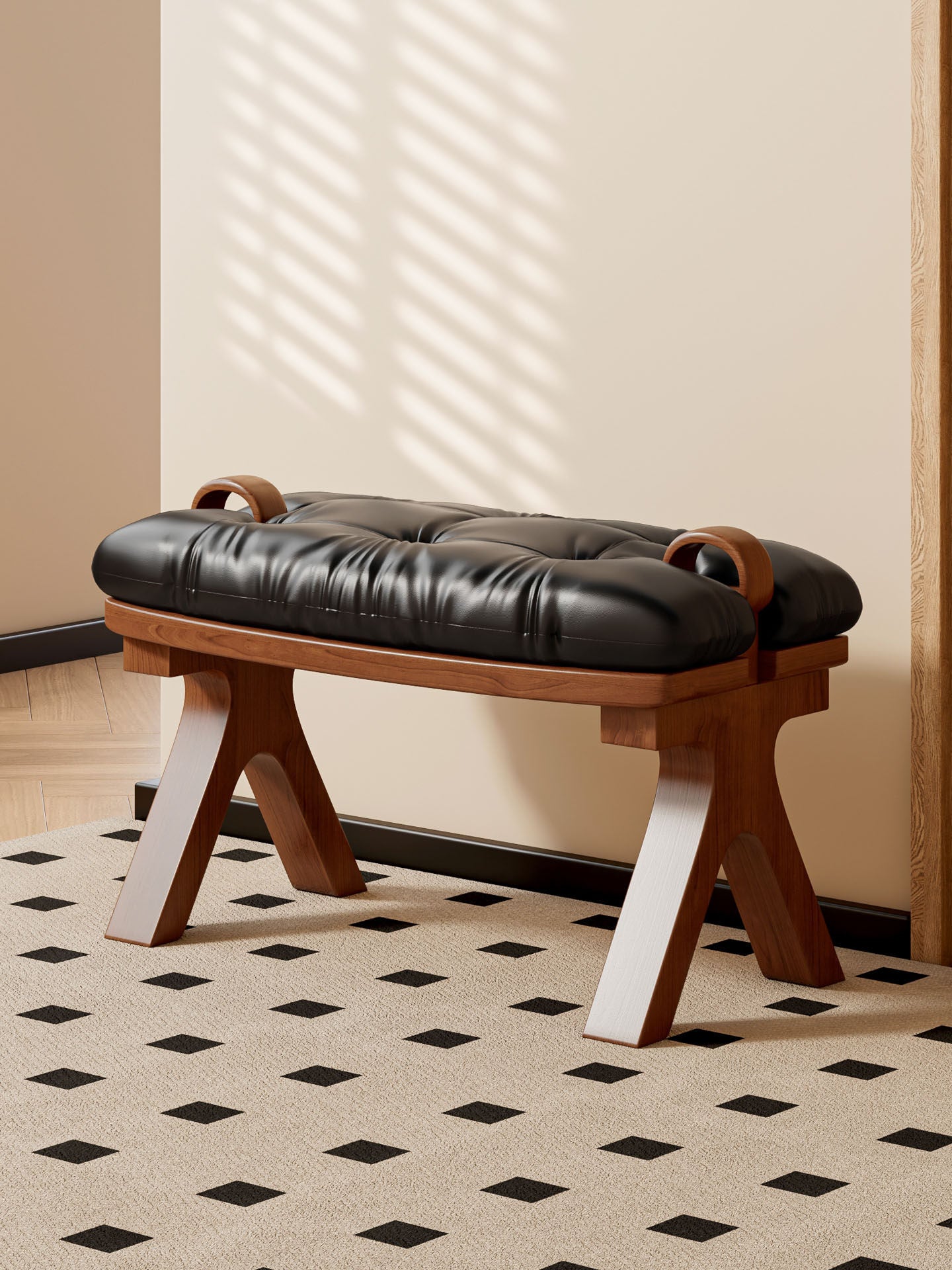 Black Leather Entryway Bench with Wood Frame, Tufted Shoe Changing Stool