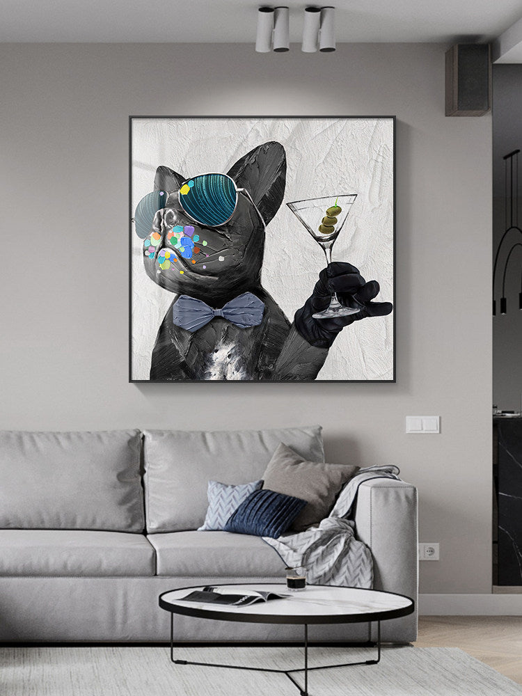 French Bulldog Wall Art 20 x 20 Inch, Funny Dog Martini Canvas with Black Frame