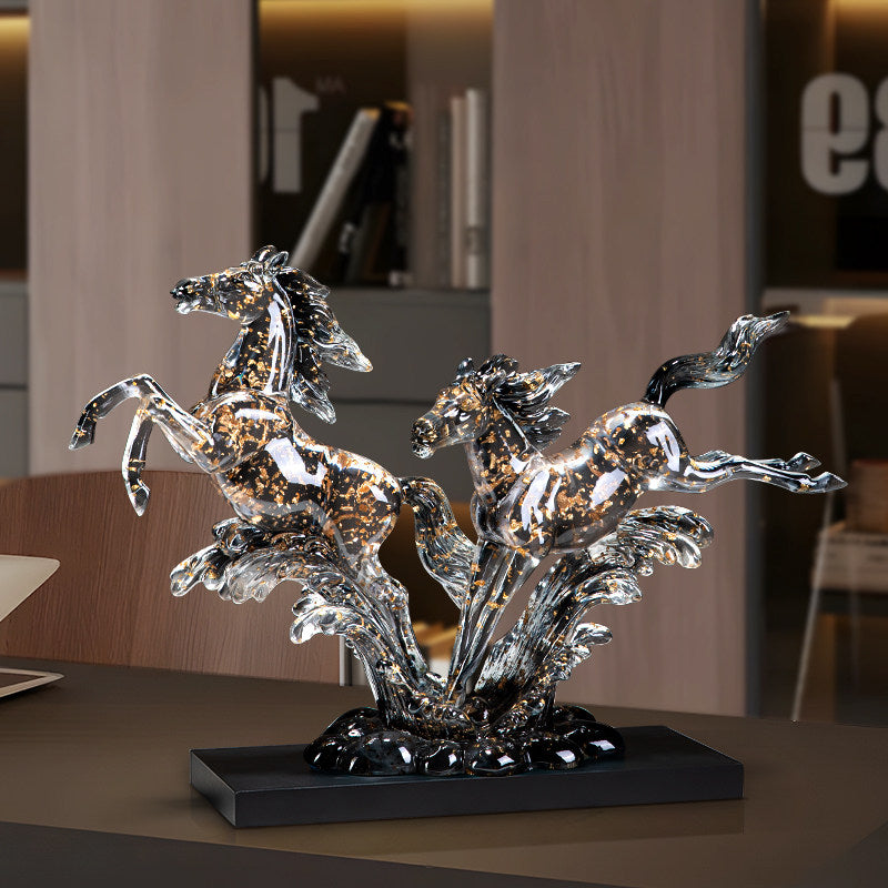 Transparent Gray Resin Double Horse Sculpture, Gold Flake Running Horses Figurine on Wooden Display Base for Office Desk, Living Room, Entryway, Business Opening or Housewarming Gift