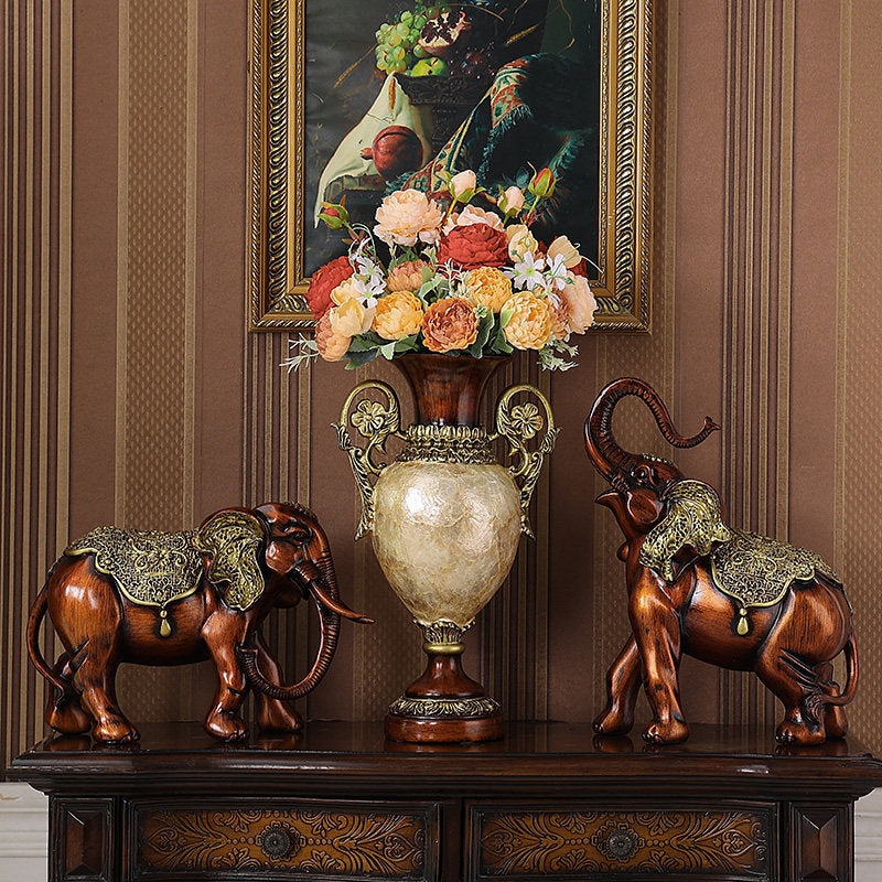 Antique Brown Resin Elephant Figurines Set of 2 with Gold Saddles