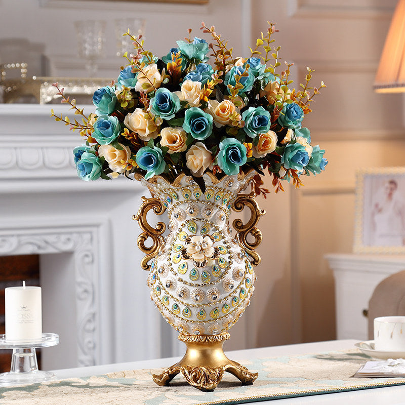 European Style Double Handle Decorative Vase, White and Gold Pedestal Flower Vase, Luxury Tabletop Centerpiece for Faux Flowers, Dried Arrangements, Living Room, Dining Table, Entryway Decor