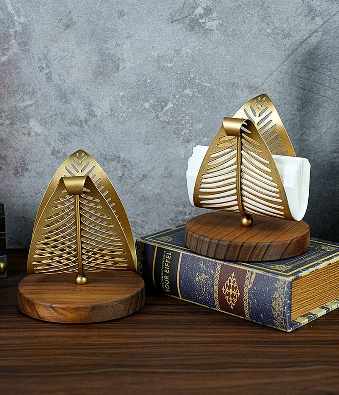 Antique Gold Leaf Napkin Holder with Round Wood Base, 5.7 Inch